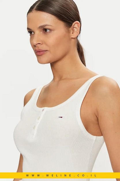 גופיית נשים Tommy Jeans Slim Button Sleeveless Blouse – צבע לבן - WELINE.CO.IL
