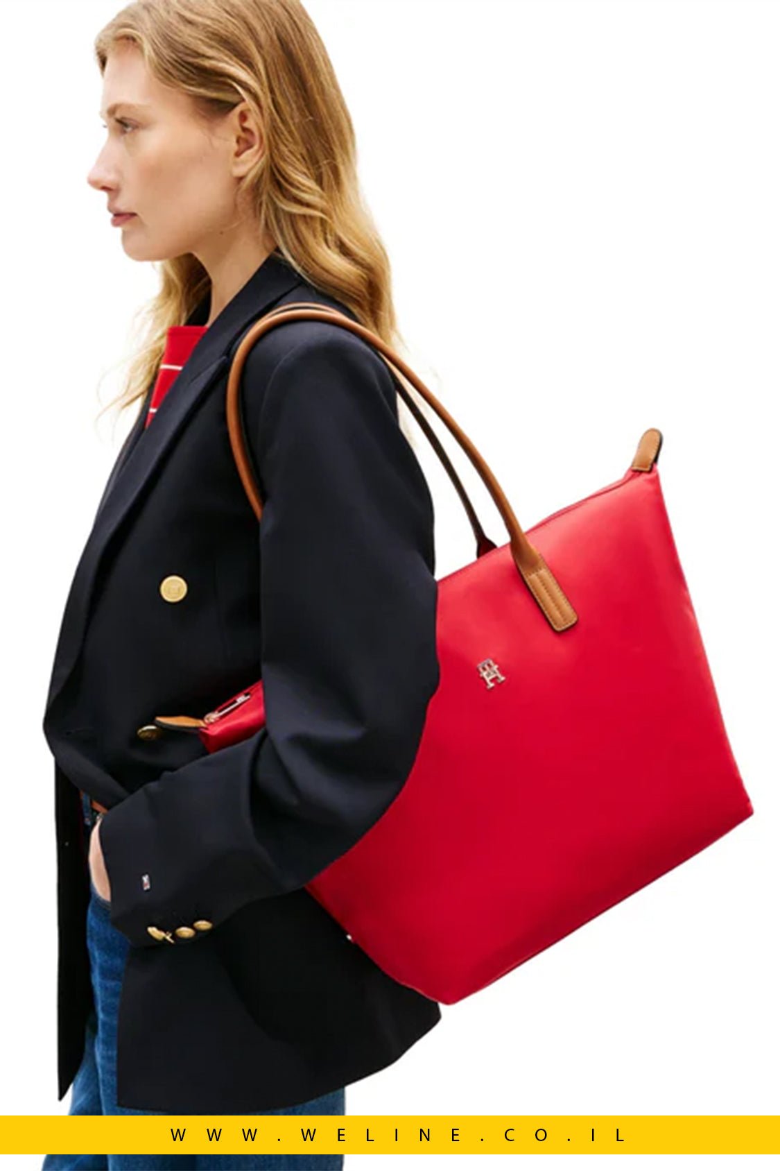 כותרת תיק Tote TH Monogram עם ידיות קונטרסט – Tommy Hilfiger | צבע אדום - WELINE.CO.IL